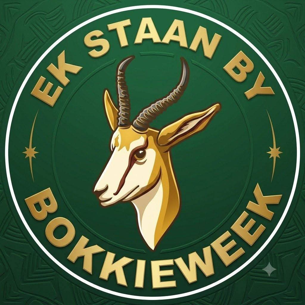 Ek Staan By Bokkieweek wapen, met 'n bokkop omring deur die woorde Ek Staan By Bokkieweek